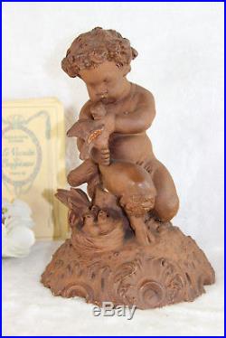 Antique French cute Terracotta Faun Birds nest statue figurine