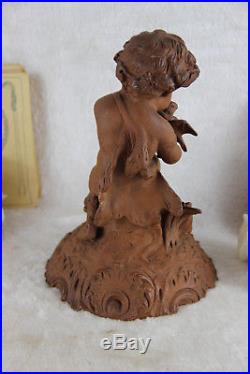 Antique French cute Terracotta Faun Birds nest statue figurine