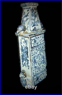 Antique Great Chinese Qing White & Blue Porcelain Signed Vase Bird Feeder Pagoda