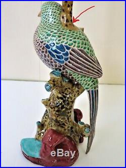 Antique Japanese Kutani Porcelain Pottery Bird Statue Lamp, Meiji Period 19th C