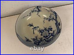 Antique Japanese Large Blue & White Porcelain Bowl with Bird & Flowers Decoration