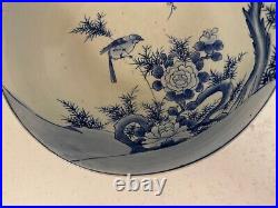 Antique Japanese Large Blue & White Porcelain Bowl with Bird & Flowers Decoration