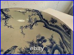 Antique Japanese Large Blue & White Porcelain Bowl with Bird & Flowers Decoration