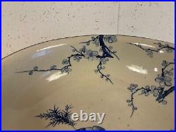 Antique Japanese Large Blue & White Porcelain Bowl with Bird & Flowers Decoration