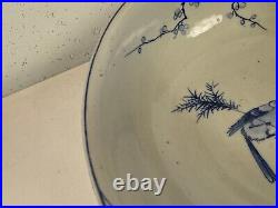 Antique Japanese Large Blue & White Porcelain Bowl with Bird & Flowers Decoration