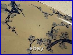 Antique Japanese Large Blue & White Porcelain Bowl with Bird & Flowers Decoration