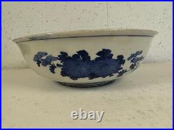 Antique Japanese Large Blue & White Porcelain Bowl with Bird & Flowers Decoration