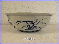 Antique Japanese Large Blue & White Porcelain Bowl with Bird & Flowers Decoration