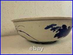 Antique Japanese Large Blue & White Porcelain Bowl with Bird & Flowers Decoration