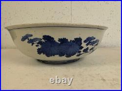 Antique Japanese Large Blue & White Porcelain Bowl with Bird & Flowers Decoration