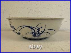 Antique Japanese Large Blue & White Porcelain Bowl with Bird & Flowers Decoration