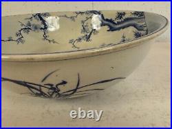 Antique Japanese Large Blue & White Porcelain Bowl with Bird & Flowers Decoration