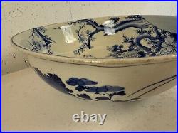 Antique Japanese Large Blue & White Porcelain Bowl with Bird & Flowers Decoration