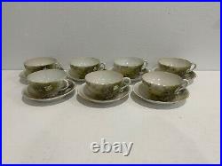 Antique Japanese Porcelain Signed Set of 7 Cups & Saucers Birds & Wisteria Dec