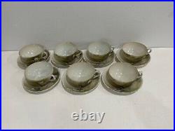 Antique Japanese Porcelain Signed Set of 7 Cups & Saucers Birds & Wisteria Dec