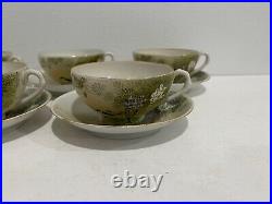 Antique Japanese Porcelain Signed Set of 7 Cups & Saucers Birds & Wisteria Dec