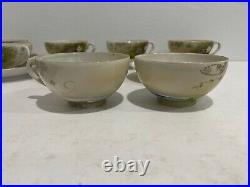 Antique Japanese Porcelain Signed Set of 7 Cups & Saucers Birds & Wisteria Dec