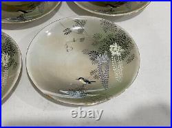 Antique Japanese Porcelain Signed Set of 7 Cups & Saucers Birds & Wisteria Dec