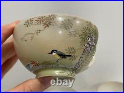 Antique Japanese Porcelain Signed Set of 7 Cups & Saucers Birds & Wisteria Dec