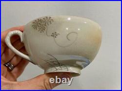 Antique Japanese Porcelain Signed Set of 7 Cups & Saucers Birds & Wisteria Dec