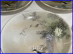 Antique Japanese Porcelain Signed Set of 7 Cups & Saucers Birds & Wisteria Dec