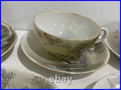 Antique Japanese Porcelain Signed Set of 7 Cups & Saucers Birds & Wisteria Dec