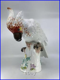 Antique Meissen Cockatoo Porcelain Bird on Stump Statue