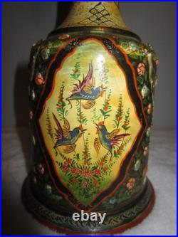 Antique Persian Enamelware Brass Qajar Hookah Porcelain Floral Bird Hand-Painted
