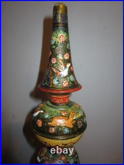 Antique Persian Enamelware Brass Qajar Hookah Porcelain Floral Bird Hand-Painted