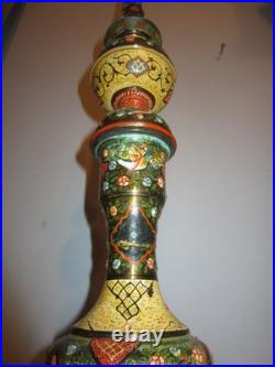 Antique Persian Enamelware Brass Qajar Hookah Porcelain Floral Bird Hand-Painted