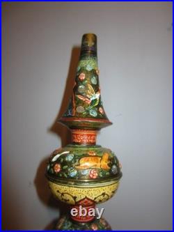 Antique Persian Enamelware Brass Qajar Hookah Porcelain Floral Bird Hand-Painted