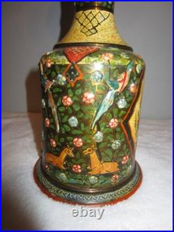 Antique Persian Enamelware Brass Qajar Hookah Porcelain Floral Bird Hand-Painted
