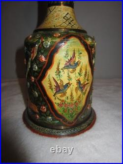 Antique Persian Enamelware Brass Qajar Hookah Porcelain Floral Bird Hand-Painted
