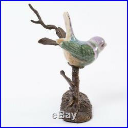 Antique Porcelain Bird on Bronze Tree Branch Hand Painted Purple & Green 5.25