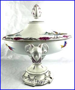 Antique Porcelain Hand Painted Pedestal Tureen With LID Floral With Birds
