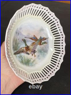 Antique Reticulated Lace Edge Porcelain Pastel Yellow Pink Mallard Duck Pheasant