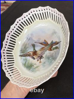 Antique Reticulated Lace Edge Porcelain Pastel Yellow Pink Mallard Duck Pheasant