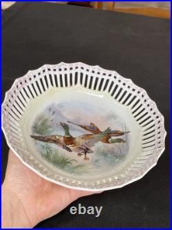 Antique Reticulated Lace Edge Porcelain Pastel Yellow Pink Mallard Duck Pheasant