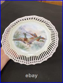 Antique Reticulated Lace Edge Porcelain Pastel Yellow Pink Mallard Duck Pheasant