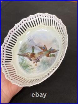 Antique Reticulated Lace Edge Porcelain Pastel Yellow Pink Mallard Duck Pheasant