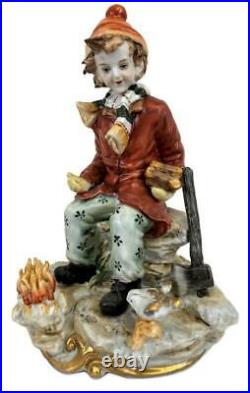 Antique Richard Klemm Dresden Boy Fire Wood Log Birds Porcelain Figurine Statue