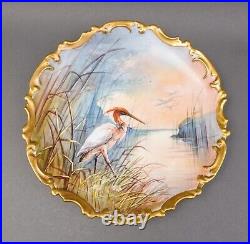 Antique Signed Hand Painted Porcelain Heron Bird 13 1/4 Wall Charger Plate