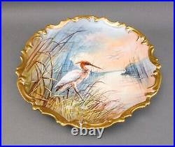 Antique Signed Hand Painted Porcelain Heron Bird 13 1/4 Wall Charger Plate