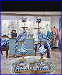 Antique Style Parrot Porcelain & Bronze Candlesticks-Candle Holders Pair-19''H