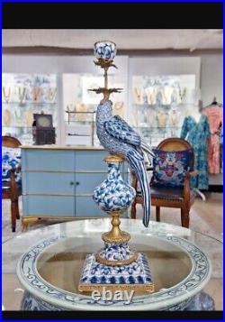 Antique Style Parrot Porcelain & Bronze Candlesticks-Candle Holders Pair-19''H