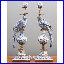 Antique Style Parrot Porcelain & Bronze Candlesticks-Candle Holders Pair-19''H