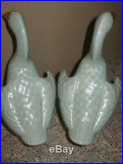 Antique Vintage Pair- White Chinese Porcelain Celadon Duck Goose Bird Figurines