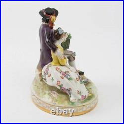 Antique Volkstedt Porcelain Romantic Couple Figurine Dog Bird Cage Signed German