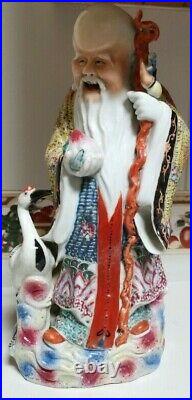 Antique chinese porcelain Shoulau and crane statue, late Republic of China
