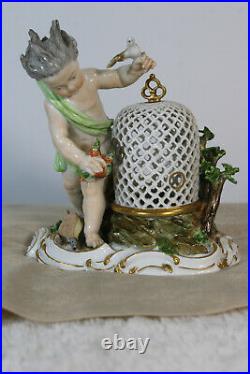 Antique german meissen porcelain marked statue figurine birds cage